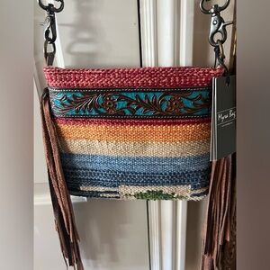 New w/tags Western leather and blanket fiber fringed crossbody